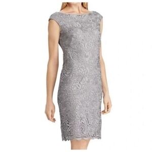 Lauren Ralph Lauren Evening Dress‎ Size 8 Gray Lace Floral Embroidered #D8-0